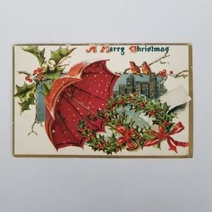 Raphael Tuck & Sons A Merry Christmas Holly Umbrella Birds VTG Postcard Tub15